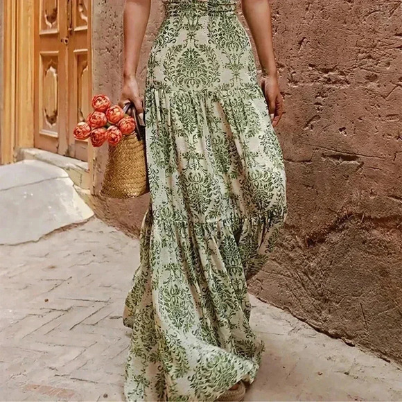 Army Green Boho Women's Vacation Printed Bohemian Backless Maxi Cami Dress - Picture 4 of 9